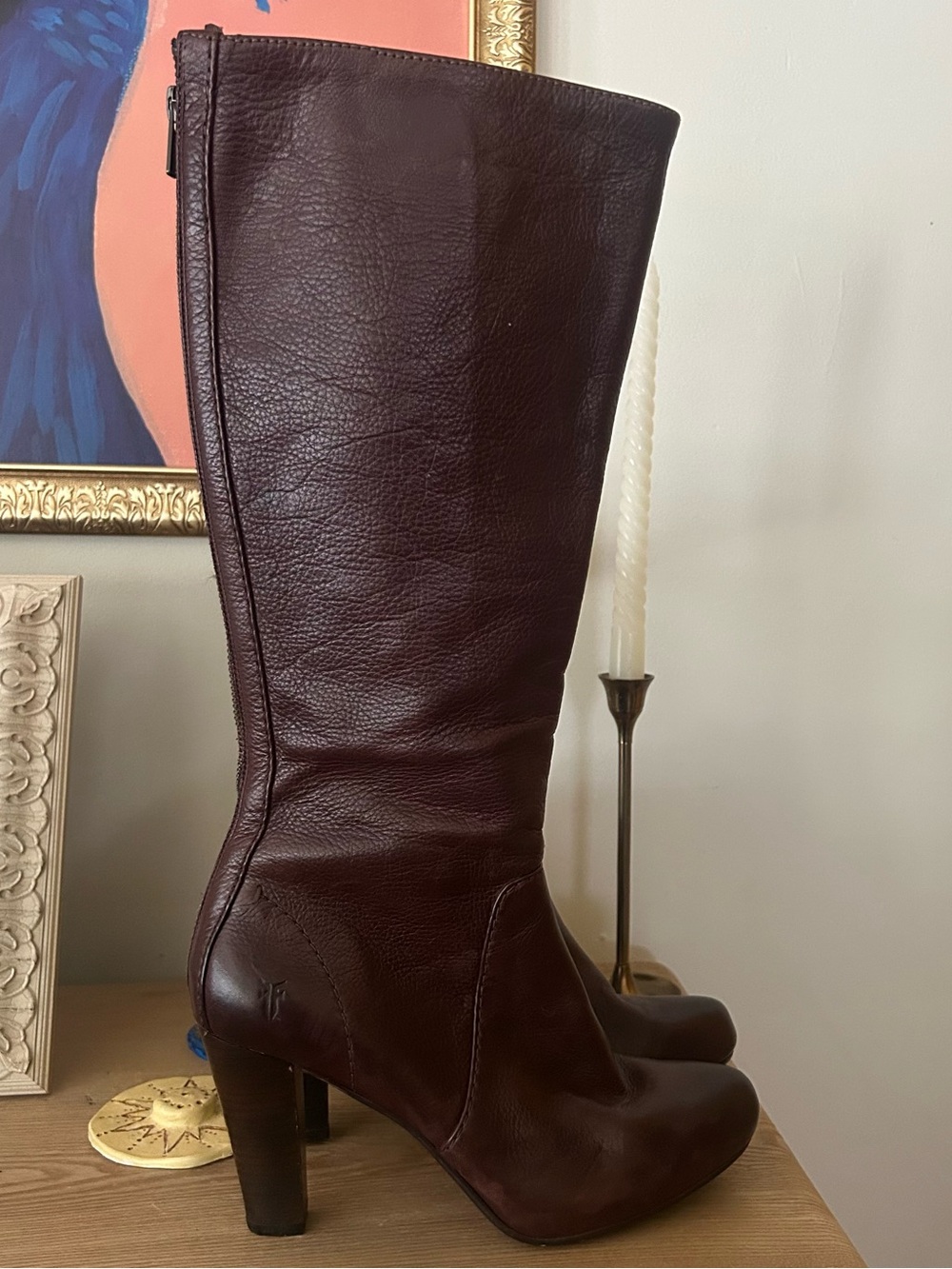 Frye Marissa Back Zip Tall Boots Heel Leather Dark Brown Size 7.5